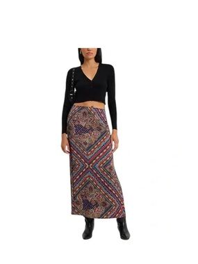 High Waisted Satin Paisley Side Slit Maxi